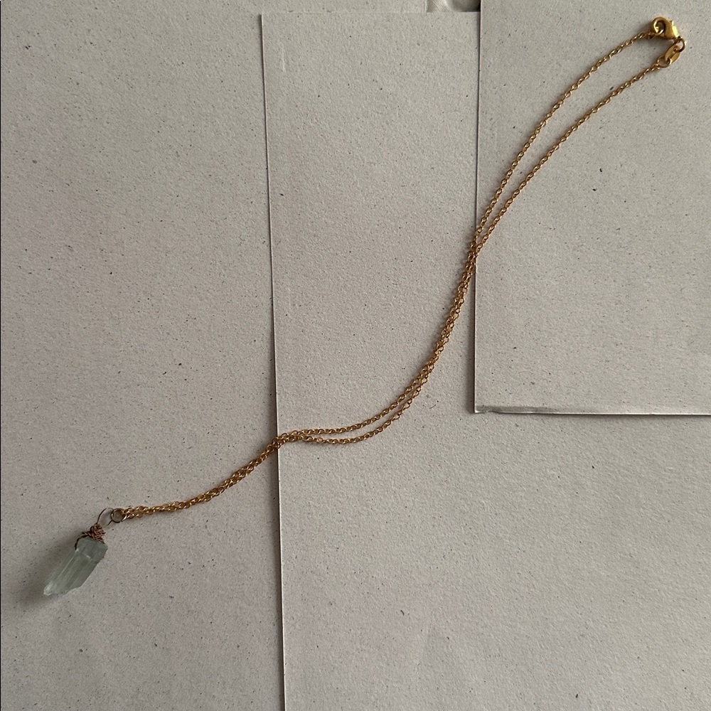 Gold Wire Wrapped Aquamarine Crystal Quartz Bullet Pendant w Gold Chain Necklace - Picture 3 of 5